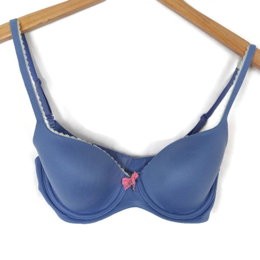 Victoria Secret Lined Demi Underwire Padded T Shirt Bra Blue Lace Trim Size 32D